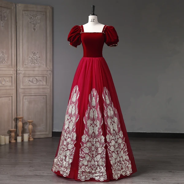 Vintage / Retro Burgundy Pearl Sequins Prom Dresses 2023 Ball Gown Square Neckline Puffy Short Sleeve Backless Floor-Length / Long Prom Formal Dresses