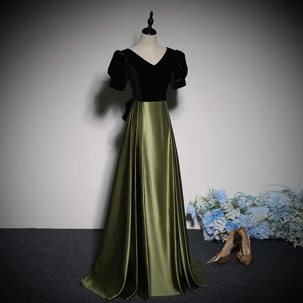 Vintage / Retro Dark Green Velvet Prom Dresses 2023 A-Line / Princess V-Neck Short Sleeve Backless Bow Floor-Length / Long Prom Formal Dresses