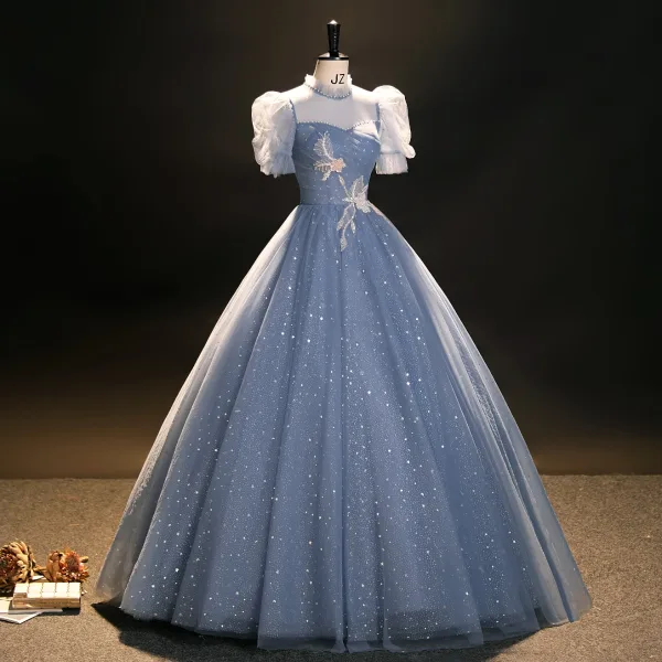 Elegant Bling Bling Sky Blue Beading Star Sequins Prom Dresses 2023 Ball Gown High Neck Short Sleeve Backless Floor-Length / Long Formal Dresses