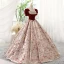 Elegant Burgundy Printing Prom Dresses 2023 Ball Gown Square Neckline Sequins Short Sleeve Backless Floor-Length / Long Prom Formal Dresses