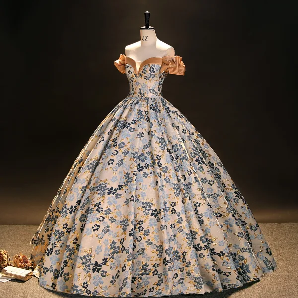 Elegant Champagne Printing Prom Dresses 2023 Ball Gown Off-The-Shoulder Short Sleeve Backless Floor-Length / Long Formal Dresses
