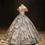 Elegant Champagne Printing Prom Dresses 2023 Ball Gown Off-The-Shoulder Short Sleeve Backless Floor-Length / Long Formal Dresses