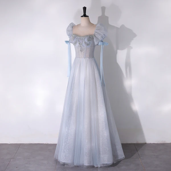 Chic / Beautiful Sky Blue Glitter Rhinestone Prom Dresses 2024 A-Line / Princess Scoop Neck Short Sleeve Backless Floor-Length / Long Prom Formal Dresses