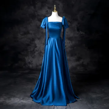 Vintage Retro Royal Blue Satin Prom Dresses 2025 A Line Princess Square Neckline Short Sleeve Bow Backless Floor Length Long Prom Formal Dresses