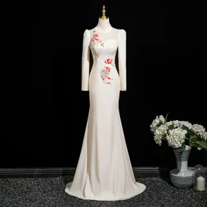 Vintage Originale Ivoire En Dentelle Fleur Robe De Soirée 2025 Trompette Sirène Col Haut Manches Longues Train De Balayage Soirée Robe De Ceremonie