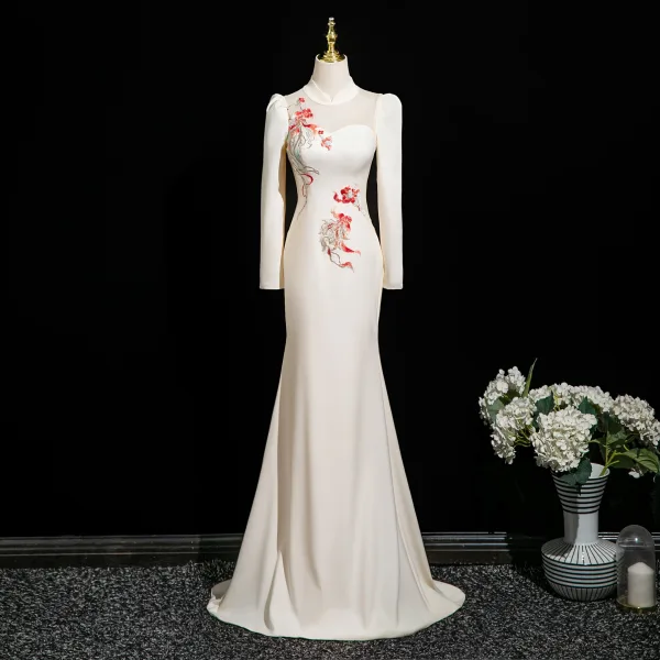 Vintage / Retro Ivory Lace Flower Evening Dresses 2025 Trumpet / Mermaid High Neck Long Sleeve Sweep Train Evening Party Formal Dresses