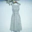 Elegant Wedding Party Dresses Bridesmaid Dresses 2017 Silver Lace Sash Flower Ruffle Zipper Up Tea-length Scoop Neck A-Line / Princess Sleeveless