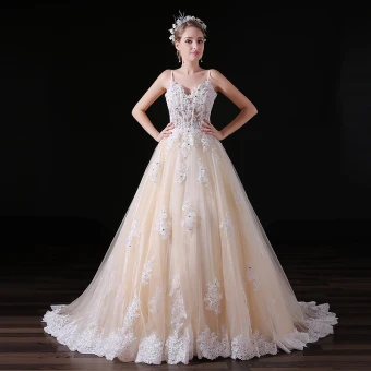 Eleganckie Szampan Suknie Ślubne 2018 Princessa Aplikacje Z Koronki Cekiny Spaghetti Pasy Bez Pleców Bez Rękawów Trenem Sweep Ślub