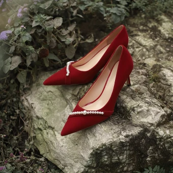 Élégant Rouge Perle Daim Chaussure De Mariée 2021 7 Cm Talons Aiguilles À Bout Pointu Mariage Escarpins Talons Hauts
