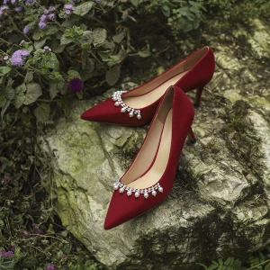Élégant Rouge Perle Faux Diamant Chaussure De Mariée 2021 7 Cm Talons Aiguilles À Bout Pointu Mariage Escarpins Talons Hauts