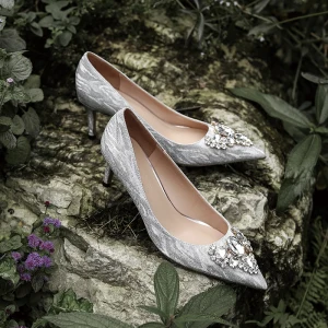 Charmant Argenté Faux Diamant Chaussure De Mariée 2021 7 Cm Talons Aiguilles À Bout Pointu Mariage Escarpins Talons Hauts