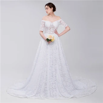 Chic Belle Blanche Robe De Mariée 2018 Princesse En Dentelle De L Épaule Dos Nu Manches Courtes Tribunal Train Mariage