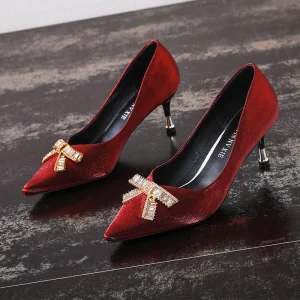 Charmant Rouge Soirée Daim Faux Diamant Noeud Escarpins 2021 6 Cm Talons Aiguilles À Bout Pointu Escarpins Talons Hauts