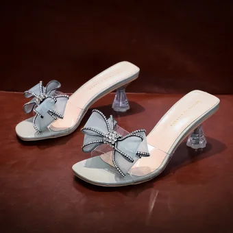 Sexy Sky Blue Casual Rhinestone Bow Slipper Flip Flops 2021 6 Cm Stiletto Heels Open Peep Toe Womens Sandals