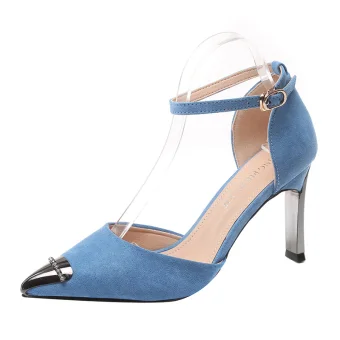 Charmant Bleu Désinvolte Faux Diamant Daim Sandales Femme 2021 Bride Cheville 8 Cm Talons Aiguilles À Bout Pointu Sandales Talons Hauts
