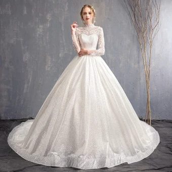 Élégant Blanche Robe De Mariée 2018 Princesse Appliques En Dentelle Col Haut Dos Nu Manches Longues Chapel Train Mariage