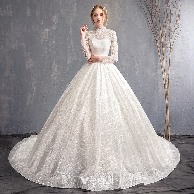 high neck backless lace wedding dress Long Sleeve High-Neck Mermaid Lace Wedding Dress with Open Back EU32 / Pearl (Photo)