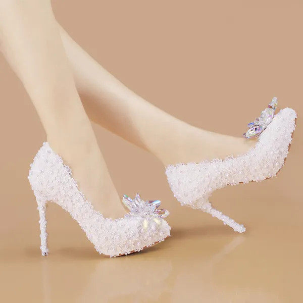 Encantador Marfil Con Encaje Flor Perla Crystal Zapatos de novia 2021 15 cm Stilettos / Tacones De Aguja Punta Estrecha Boda High Heels