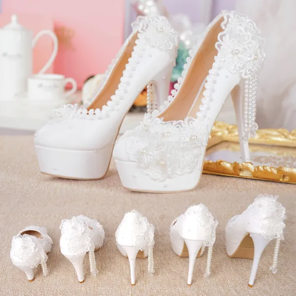 Charming Ivory Lace Flower Wedding Shoes 2021 Waterproof Pearl Tassel 15 cm Stiletto Heels Round Toe Wedding Pumps High Heels