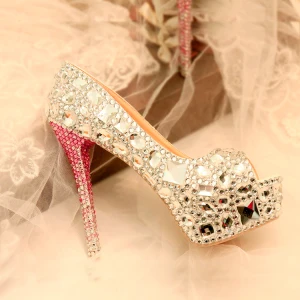 Błyszczące Srebrny Rhinestone Buty Ślubne 2021 14 Cm Szpilki Peep Toe Ślub Wysokie Obcasy