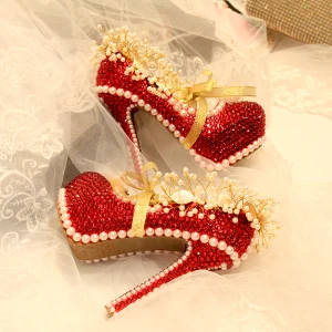 Sparkly Mote Rød Perle Rhinestone Brudesko 2021 Lær 14 Cm Stiletthæler Spisse Bryllup Pumps Høyhælte