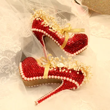 Glitter Mode Rode Parel Rhinestone Bruidsschoenen 2021 Leer 14 Cm Naaldhakken Stiletto Spitse Neus Huwelijk Pumps Hoge Hakken