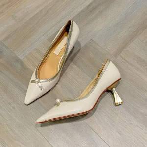 Elegant Ivory Dating Pearl Pumps 2021 Leather 6 Cm Stiletto Heels Pointed Toe Pumps High Heels