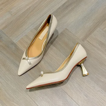 Elegantes Marfil Cita Perla Tacones 2021 Cuero 6 Cm Stilettos Tacones De Aguja Punta Estrecha Tacones High Heels