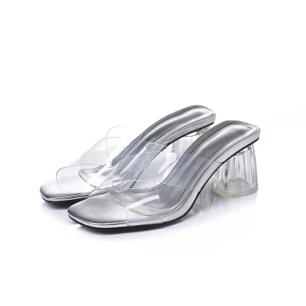Sexy Transparente Cocktail Sandales Femme 2021 7 Cm Cristal Talons Épais Peep Toes Bout Ouvert Sandales Talons Hauts