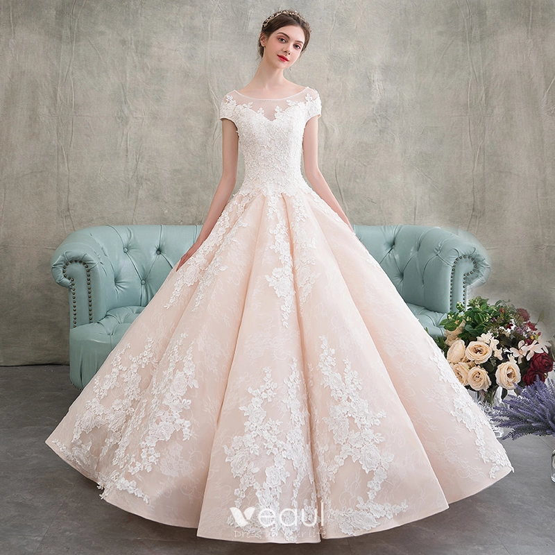Elegant Champagne Wedding Dresses 2018 Ball Gown Appliques Lace Scoop Neck Short Sleeve Floor Length Long Wedding