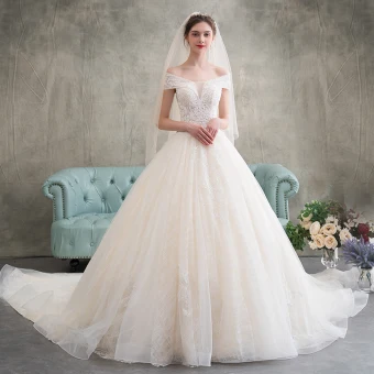 Élégant Champagne Robe De Mariée 2018 Robe Boule Appliques En Dentelle De L Épaule Dos Nu Sans Manches Cathedral Train Mariage