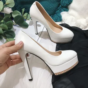 Chic Beautiful White Evening Party Rhinestone Pumps 2021 Leather 12 Cm Stiletto Heels Waterproof Pointed Toe Pumps High Heels