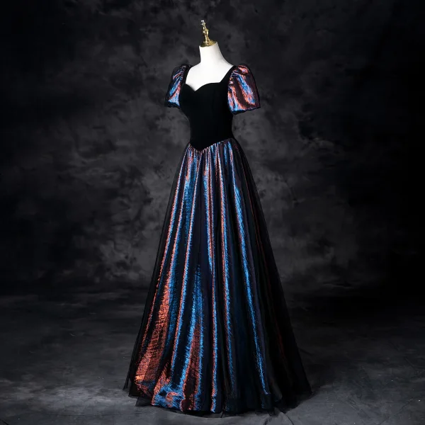 Vintage / Retro Black Starry Sky Multi-Colors Prom Dresses 2025 A-Line / Princess Square Neckline Short Sleeve Backless Floor-Length / Long Prom Formal Dresses