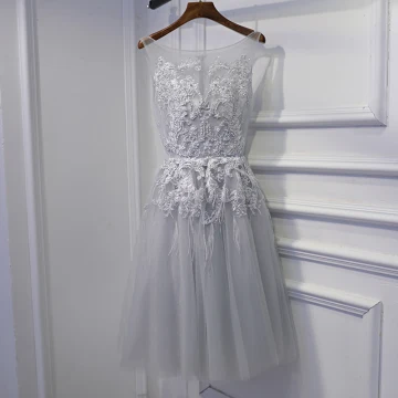 Modest Simple Silver Wedding Party Dresses Bridesmaid Dresses 2017 Lace Flower Sequins Pearl Scoop Neck Sleeveless Short A Line Princess
