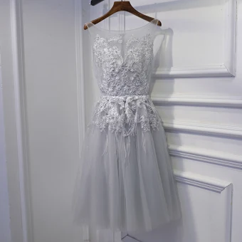 Simple Argenté Robe Pour Mariage Robe Demoiselle D 039 Honneur 2017 En Dentelle Fleur Paillettes Perle Encolure Dégagée Sans Manches Courte Princesse