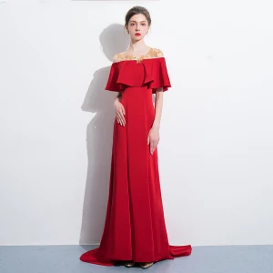 Chic Belle Rouge Robe De Soirée 2018 Trompette Sirène Paillettes Encolure Dégagée Manches Courtes Dos Nu Train De Balayage Robe De Ceremonie