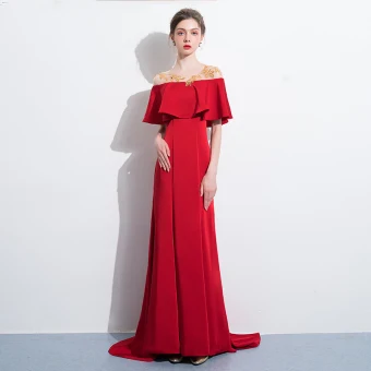 Chic Belle Rouge Robe De Soirée 2018 Trompette Sirène Paillettes Encolure Dégagée Manches Courtes Dos Nu Train De Balayage Robe De Ceremonie