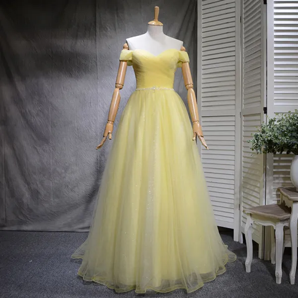 Chic / Beautiful Yellow Prom Dresses 2018 A-Line / Princess Sequins Off-The-Shoulder Backless Sleeveless Sweep Train Formal Dresses