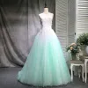 Chic / Beautiful Gradient-Color Prom Dresses 2018 Ball Gown Beading Appliques Lace Scoop Neck Backless Sleeveless Floor-Length / Long Formal Dresses