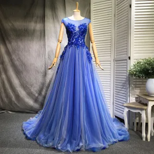 Mooie Prachtige Koninklijk Blauw Avondjurken 2018 A Lijn Appliques Kant Kralen Kristal Rhinestone Plooirok Ronde Hals Mouwloos Ruglooze Sweep Trein Gelegenheid Jurken