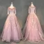 Chic / Beautiful Blushing Pink Prom Dresses 2018 Ball Gown Appliques Lace Handmade  Beading Crystal Sequins Scoop Neck 3/4 Sleeve Sweep Train Formal Dresses