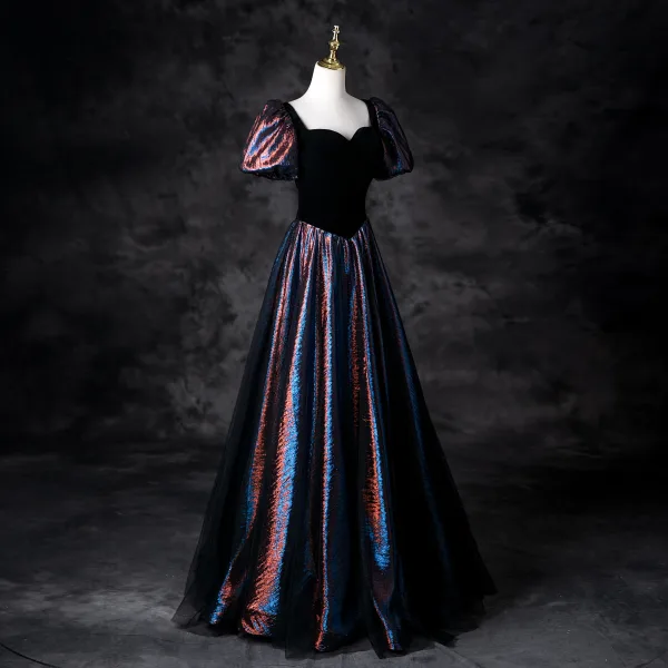 Vintage / Retro Black Starry Sky Multi-Colors Prom Dresses 2025 A-Line / Princess Square Neckline Short Sleeve Backless Floor-Length / Long Prom Formal Dresses