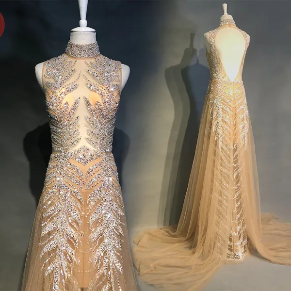 Luxury / Gorgeous Champagne Evening Dresses  2018 A-Line / Princess Handmade  Beading Sequins High Neck Backless Sleeveless Sweep Train Formal Dresses