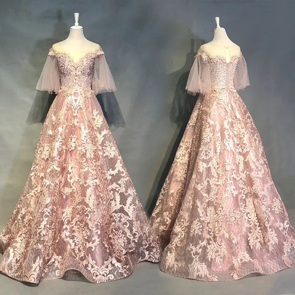 Luxe Perle Rose Robe De Soirée 2018 Princesse Appliques En Dentelle Perlage Cristal Faux Diamant Paillettes Encolure Dégagée Dos Nu 1/2 Manches Longue Robe De Ceremonie