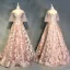 Luxe Perle Rose Robe De Soirée 2018 Princesse Appliques En Dentelle Perlage Cristal Faux Diamant Paillettes Encolure Dégagée Dos Nu 1/2 Manches Longue Robe De Ceremonie