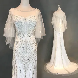 Luxe Ivoire Robe De Soirée 2018 Trompette Sirène Perlage Perle Faux Diamant Paillettes Encolure Dégagée Dos Nu 3 4 Manches Train De Balayage Robe De Ceremonie