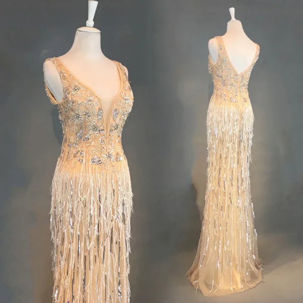 Luxury / Gorgeous Champagne Evening Dresses 2018 Trumpet / Mermaid Beading Tassel U-Neck Backless Sleeveless Floor-Length / Long Formal Dresses