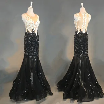 Luxe Noire Robe De Soirée 2018 Trompette Sirène Appliques En Dentelle Perlage Cristal Faux Diamant Encolure Dégagée Sans Manches Longue Robe De Ceremonie