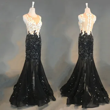 Luxe Noire Robe De Soirée 2018 Trompette Sirène Appliques En Dentelle Perlage Cristal Faux Diamant Encolure Dégagée Sans Manches Longue Robe De Ceremonie