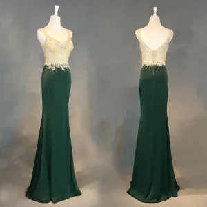 Chic Belle Vert Foncé Robe De Soirée 2018 Trompette Sirène Fait Main Perlage Cristal Faux Diamant V Cou Dos Nu Sans Manches Longue Robe De Ceremonie